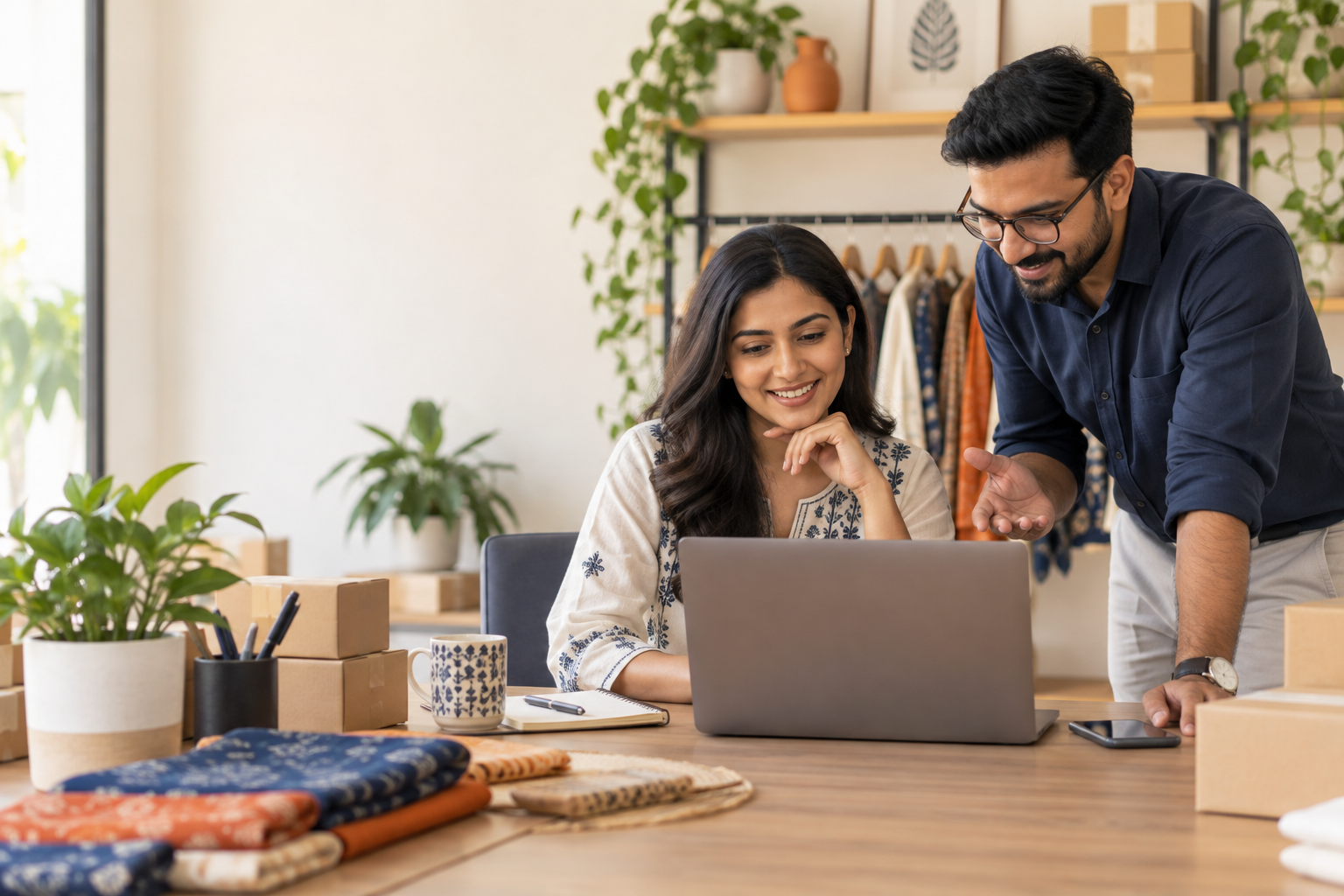 A small business owner and a digital specialist collaborating at a laptop; illustrative image